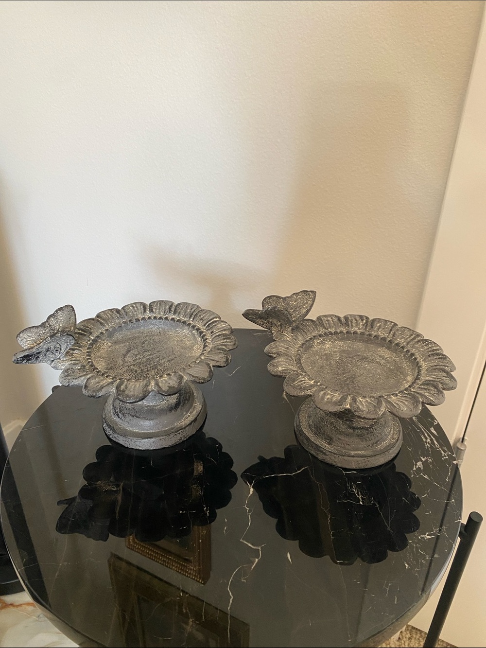 Laura Ashley Gray Floral Pedestal Candle Holders with Butterfly Accent